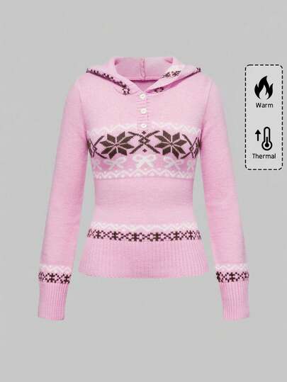 ROMWE Avant Suéter con capucha ajustado con estampado Fair Isle y lazo vintage Y2K para mujer