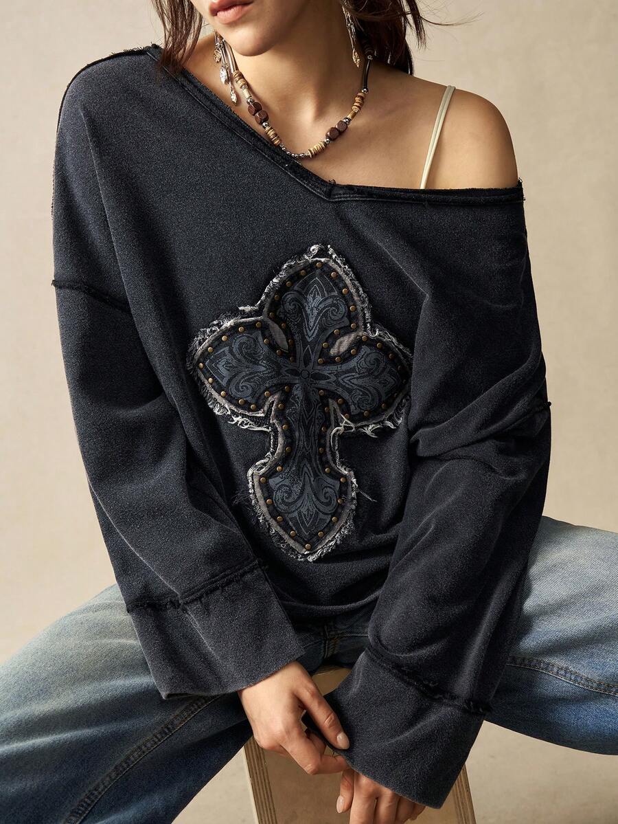 Bohemela Women's Casual Solid Color Knitted V-Neck Long Sleeve Loose Washed T-Shirt With Cross Appliques And Rhinestone Decoration - Black - View 1