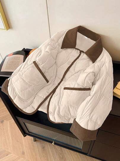 GlowEve 女士撞色灯芯绒拼接翻领绗缝外套，新款秋冬宽松短款