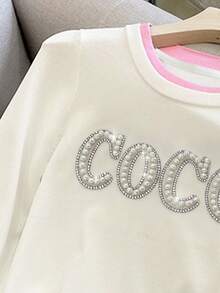 Resyla Coco Letter Rhinestone & Beaded Decor Casual Round Neck Long Sleeve T-Shirt, Gift For Friends - White - View 3