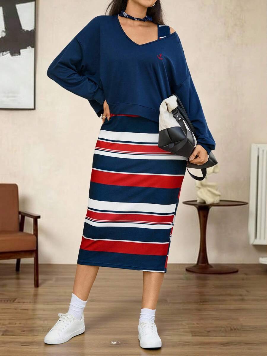 Zelara 两件套加大码锚形刺绣上衣和条纹撞色连衣裙套装