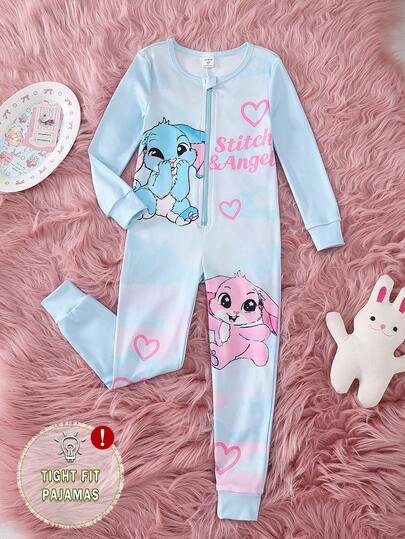 Young Girls Pajamas-Spring To Summer Zip Front Roundneck Longsleeve Longpants Character Print Hearts Lightblue Pink Ombre Snug Fit Stretch Cuffs Sleepover Gift All Season 2026 Holiday Must Have Cute Cartoon Soft Machinewashable