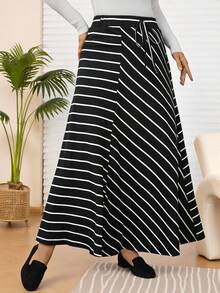 EMERY ROSE Plus Size Women Waist Tie Casual Striped A-Line Midi Skirt, Thanksgiving For Women, Autumn/Winter,2025 New - Black and White - View 1