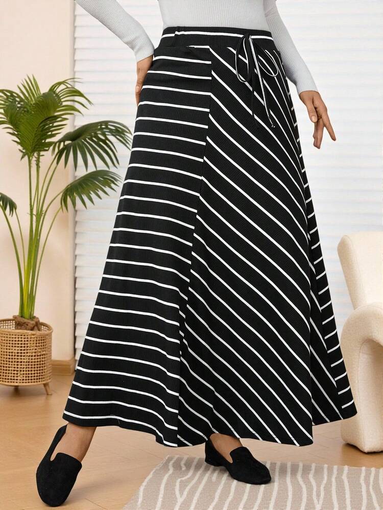 Plus Size Women Waist Tie Casual Striped A-Line Midi Skirt, Thanksgiving For Women, Autumn/Winter,2025 New