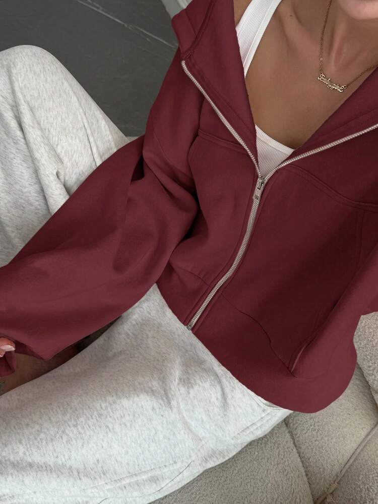 Women's Solid Color Drop Shoulder Long Sleeve Zipper Front Casual Pocket Sweatshirt Hoodies