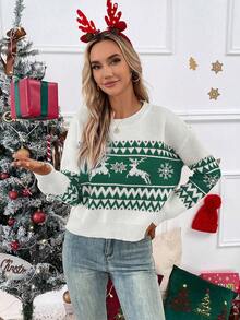 EMERY ROSE Women's Christmas Reindeer Jacquard Knit Drop Shoulder Casual Sweater - Multicolor - View 6