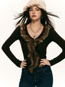 Rina Fox 棕色毛绒荷叶边修身女式短款毛衣 - 咖啡棕 - 查看 3