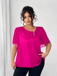 Elenzga Áo cánh tay ngắn thanh lịch cổ bèo nhún bất đối xứng cỡ lớn có nút trang trí - Màu Hồng Tươi - Xem 6