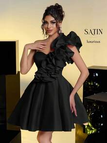 Lovelzi Elegante vestido de fiesta y graduación con volantes en capas, escote sin tirantes y cintura acampanada en color rosa romántico - Negro - Ver 7