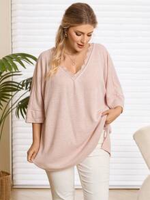 Rosumi 大码女式纯色撞色蕾丝V领七分袖宽松T恤，冬季圣诞新年针织上衣，舒适T恤，情人节、母亲节礼物，舒适休闲海滩春假休闲装 - 白色 - 查看 3