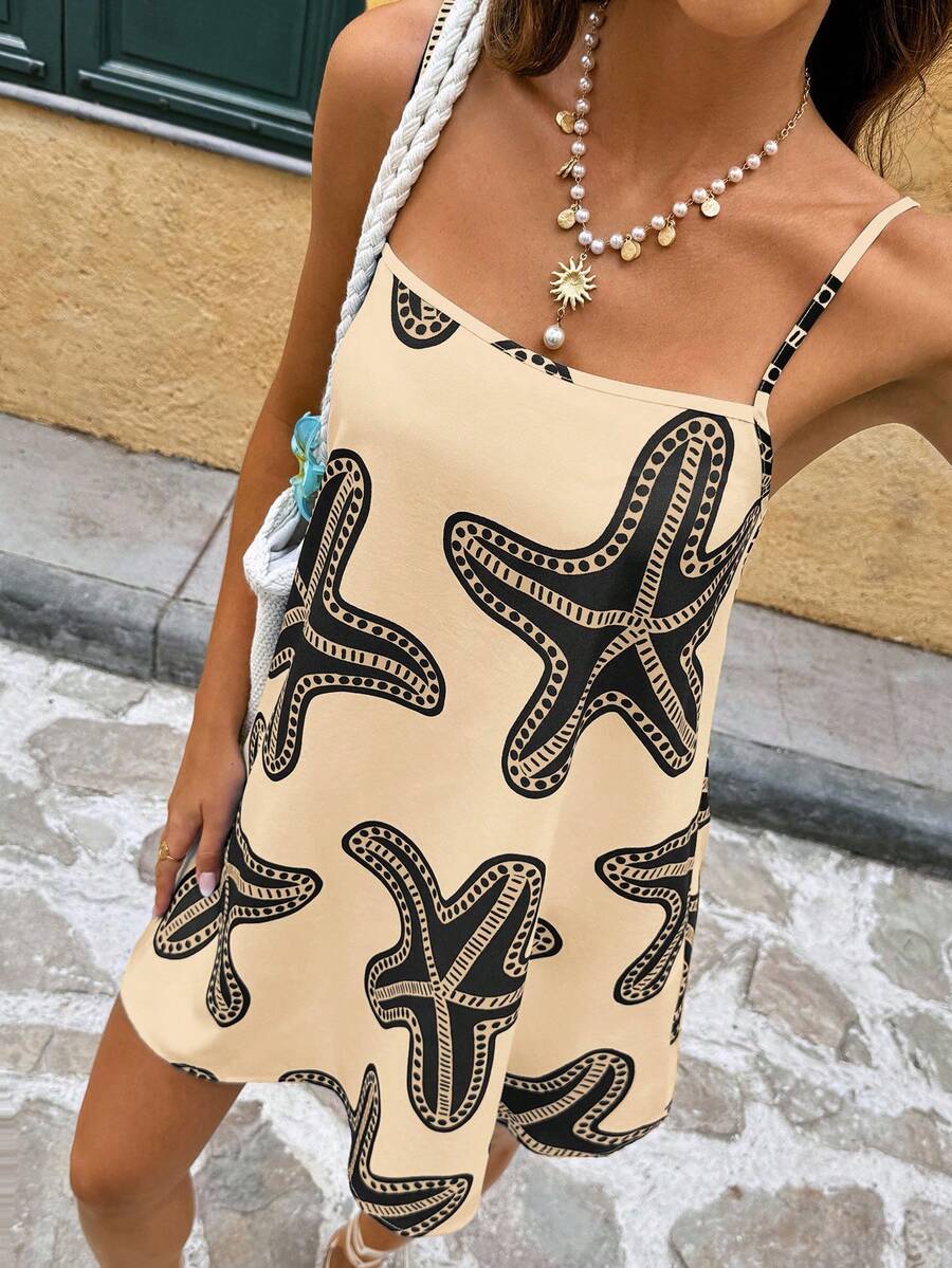 Vivid Eden Vestido de tirantes con estampado de mariscos de verano para mujer - Albaricoque - Ver 1