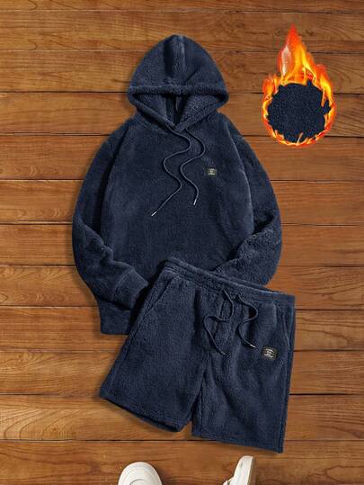 HIMLAND Herrset med 2 delar, fleecehuvtröja och shorts med bokstäver och grafisk design, höst/vinter