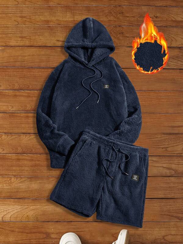 HIMLAND Men's Autumn/Winter Letter Graphic Fleece Hoodie And Shorts Casual Knit 2 Pieces Set Men Hoodie Set Men Fuzzy Set Men Two Piece Set Men Navy Blue Two Piece Set Men Casual Two Piece Set