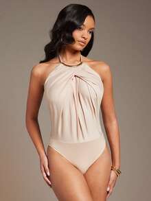 L'Amorae Women Gold Accent Necklace Trim Bodysuit, Backless, Night Out Date Night Valentines - Apricot - View 4