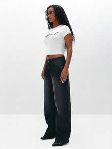 BABYPHAT Áo thun crop top tay ngắn cổ tròn in chữ họa tiết Raglan họa tiết đồ họa - trắng - Xem 3