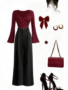 Olithes French-Style Elegant Fitted V-Neck Crossover Red Women's Top And Straight-Leg Black Suit Pants, Two-Piece Set, Women's Long-Sleeved Top And Black Suit Pants, Spring/Summer Long-Sleeved Top. - Red - View 1