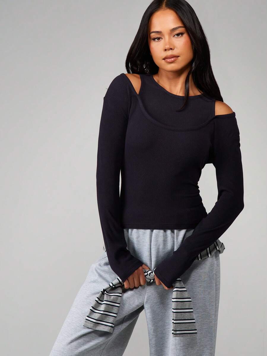 MISSGUIDED Women Double Layer Cold Shoulder Long Sleeve Ribbed Top With Contrast Striped Ties - Dark Grey - View 1