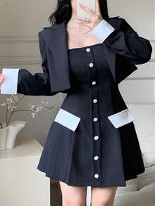 Celisse 女士短款西装外套和抹胸迷你连衣裙时尚套装 - 黑與白 - 查看 1