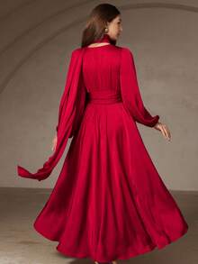 SHEIN Unity Elegant Red Satin Deep V-Neck Jacquard Waist-Cinched Dress With Scarf Collar And Tie Sash, Minimalist Design Long Sleeve Dress - Red - View 6