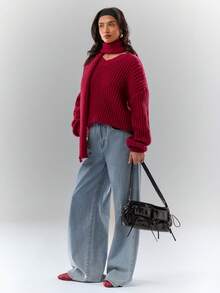 Glamine Damski sweter w jednolitym kolorze z dekoltem w serek i długim rękawem, na co dzień, jesień/zima - Burgund - Zobacz 5
