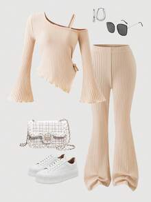 Sparklyn Girls' Apricot Ribbed Knit Asymmetric Hem Bell Sleeve Off Shoulder T-Shirt Set, Includes 1 T-Shirt And 1 Flared Pants, Comfortable And Versatile For Autumn - Apricot - View 11
