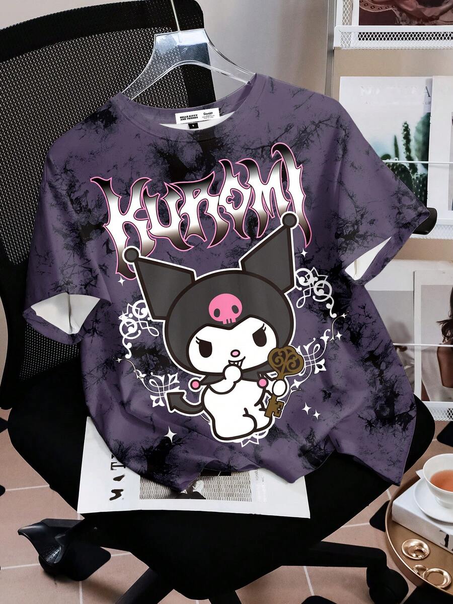 HELLO KITTY AND FRIENDS | SHEIN 女士宽松扎染卡通图案 Y2K 圆领舒适 T 恤，春夏 - 白色 - 查看 1