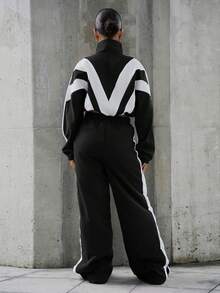 SAYEHFBABY Women Color Block Drop Shoulder Zip Up Jacket And Pants 2 Pieces Casual Sportswear Set - Black - View 2