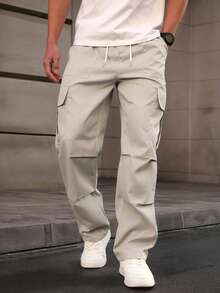 Manfinity Homme Men's Solid Color Drawstring Waist Cargo Pocket Pants, Fall - Light Grey - View 5