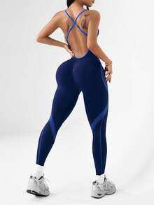 Dewbera 撞色拼接露背无缝蓝色运动连体裤 - 藍色 - 查看 2