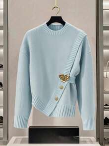 GlowEve Women's Blue Sweater, New Autumn/Winter Metal Button Asymmetrical Closure Cardigan, Versatile Commuting Style - Multicolor - View 1