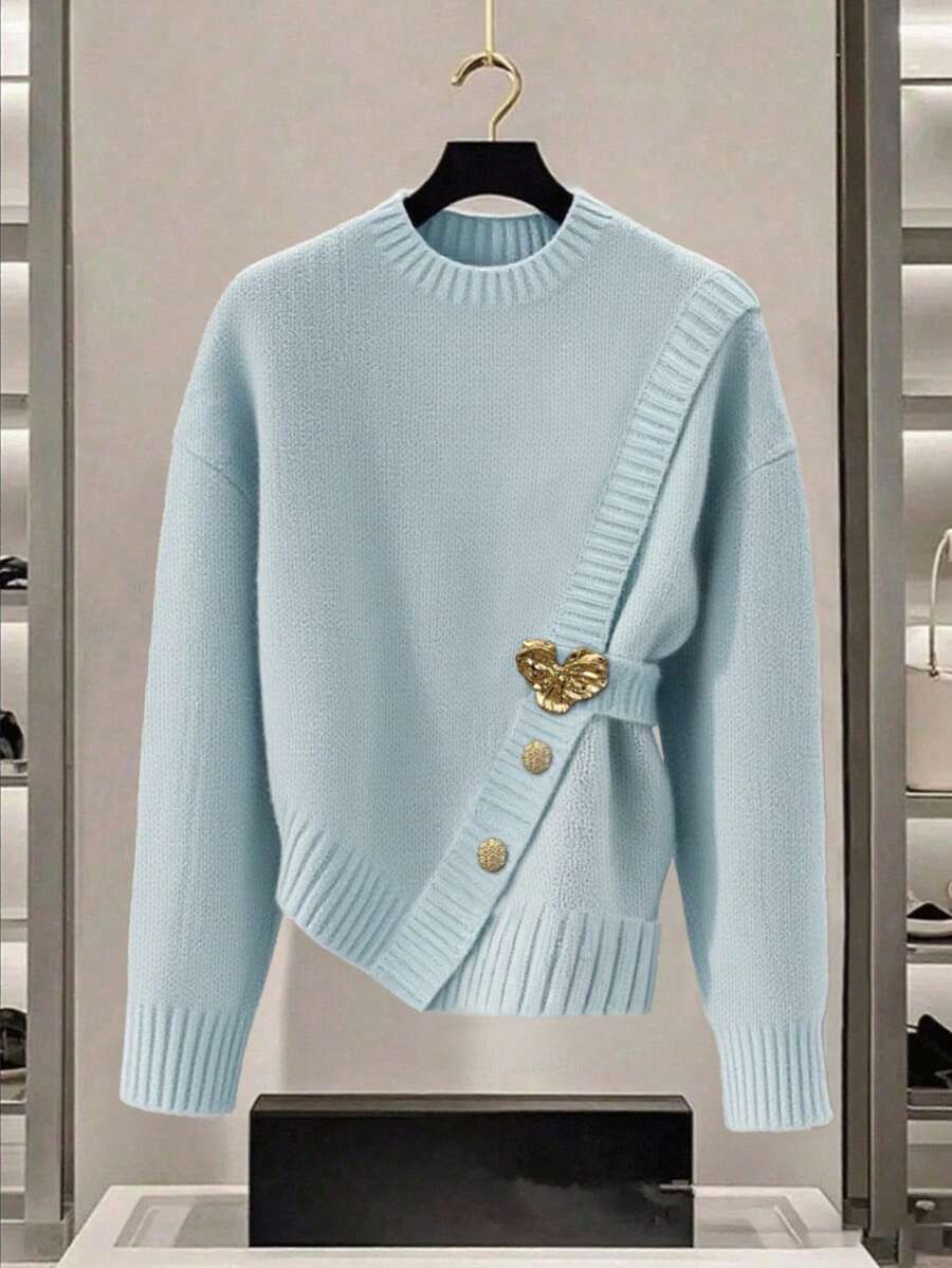 GlowEve Women's Blue Sweater, New Autumn/Winter Metal Button Asymmetrical Closure Cardigan, Versatile Commuting Style - Multicolor - View 1