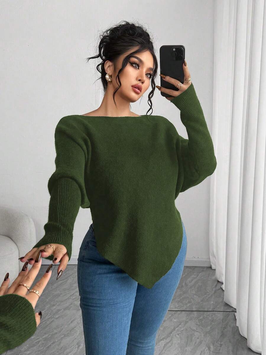 Elenzga Sweater Longgar Lengan Panjang Kasual Wanita Ukuran Besar, Atasan Pullover Ukuran Besar yang Menawan untuk Musim Gugur/Dingin - Hijau Tentara - View 1