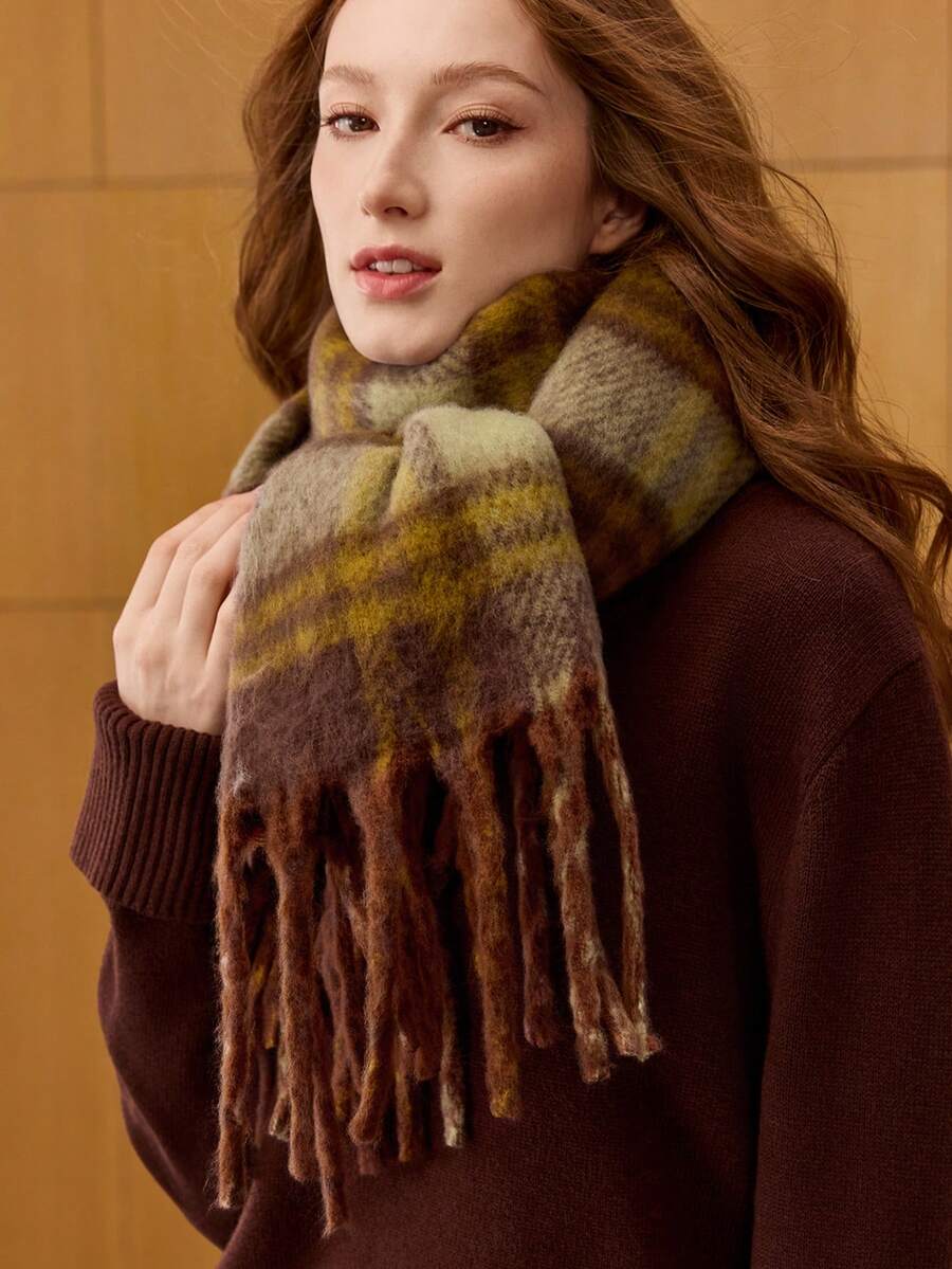 MOTF PREMIUM VERSATILE DOUBLE-SIDED PLAID FRINGE SCARF - Rust - View 1
