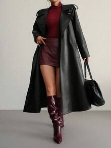 Modelyn 女士皮革长袖收腰酒红色风衣 - 黑色 - 查看 3