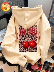 ‌Sudadera con capucha para mujer nueva de otoño invierno abrigada holgada y versátil con estampado de cerezas ideal para vacaciones paseos y viajes - Albaricoque - Ver 1