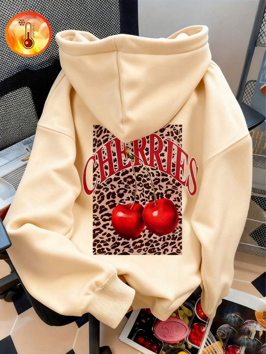 Sudadera con capucha para mujer nueva de otoño invierno abrigada holgada y versátil con estampado de cerezas ideal para vacaciones paseos y viajes - Albaricoque - Ver 1