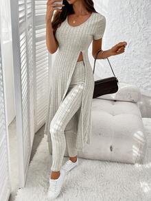 SHEIN LUNE Women's Casual Solid Color High Slit Long Top And Long Pants 2 Pieces Set - Apricot - View 6