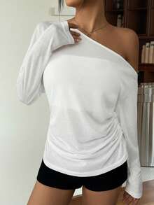 Muchica Women's Solid Color Simple Casual Knit One Shoulder T-Shirt - White - View 4