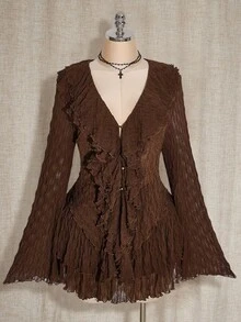 SHEIN ICON 大码女式棕色荷叶边喇叭袖上衣和中长裙时尚套装 - 巧克力棕 - 查看 3