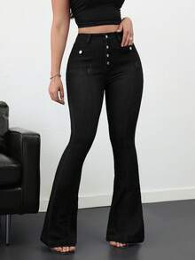 SHEIN Tall Women's Jeans Skinny Stretch Flare Breasted Jeans Blue Jeans Leggings Flare Women Tights Fall Pants Denim Pants Tall Jeans Homecoming - Black - View 1