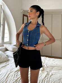 SHEIN EZwear Chaleco corto y sin mangas de mezclilla de mujer de estilo halter y de un solo botón, de moda para el verano - Azul - Ver 4