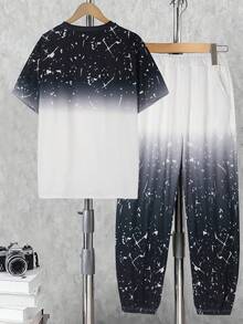Vacaura 2pcs/Set Teenager Summer Crew Neck Short Sleeve T-Shirt And Drawstring Waist Sports Pants, Casual Outfit For Daily Wear - Black and White - View 2