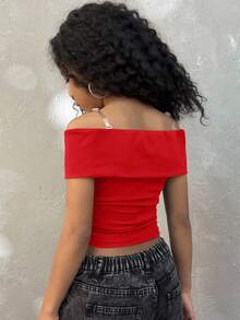 Coolane Kids 少女夏季纯色露肩修身短款上衣T恤 - 紅色 - 查看 2