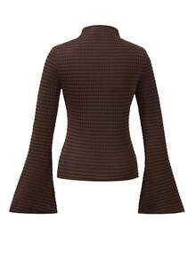 Selianne Women's Elegant Coffee Brown Stand Collar Fitted Knit Top,Slim Fit Long Sleeve T-Shirt With Flared Sleeves,Autumn Brunch Casual Solid Color Top - Brown - View 2