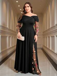 SHEIN Clasi Plus Size Women Floral Embroidery Mesh Patchwork Off Shoulder Elegant Black Autumn Formal Evening Wedding Dress,Glitter Sequin High-Slit Long Gown - Black - View 6