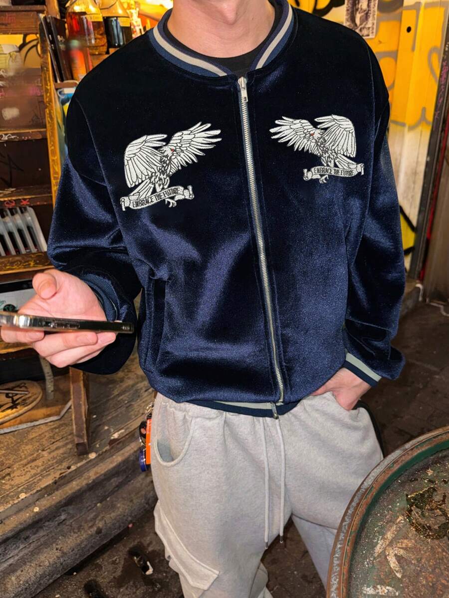 DAZY Autumn Velvet Fabric Embroidered Pattern Navy Blue Men's Jacket And Coat - Navy Blue - View 1