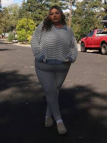 Enliva Plus Size Casual Polo Collar Striped Long Sleeve Pullover Sweater In Fall/Winter,Slightly Sheer, For Apple Rounded Body Shape - Dusty Blue - View 4