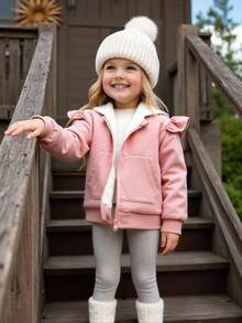 Vintaside Kids 1pc Baby Girls' Winter New 2025 Korean Style Shrimp Pink Ruffle Trim Pocket Zipper Front Hooded Thermal Lined Jacket, Simple Fashionable Versatile Commuting Cold-Proof Thick Outerwear For School - Pink - View 3