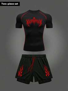 Gym Rark Men's Skeleton Print Raglan Short Sleeve T-Shirt And Drawstring Waist Shorts Sports Suit Gym Set Workout Set Compression Shirt Men - Black - View 1
