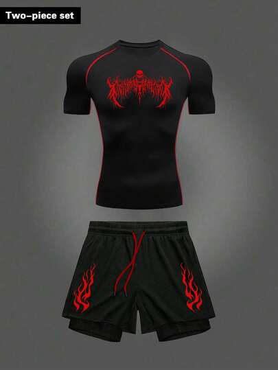 Manfinity Sport Corelite 男士骷髅印花插肩短袖T恤和抽绳腰短裤运动套装健身训练套装压缩衣